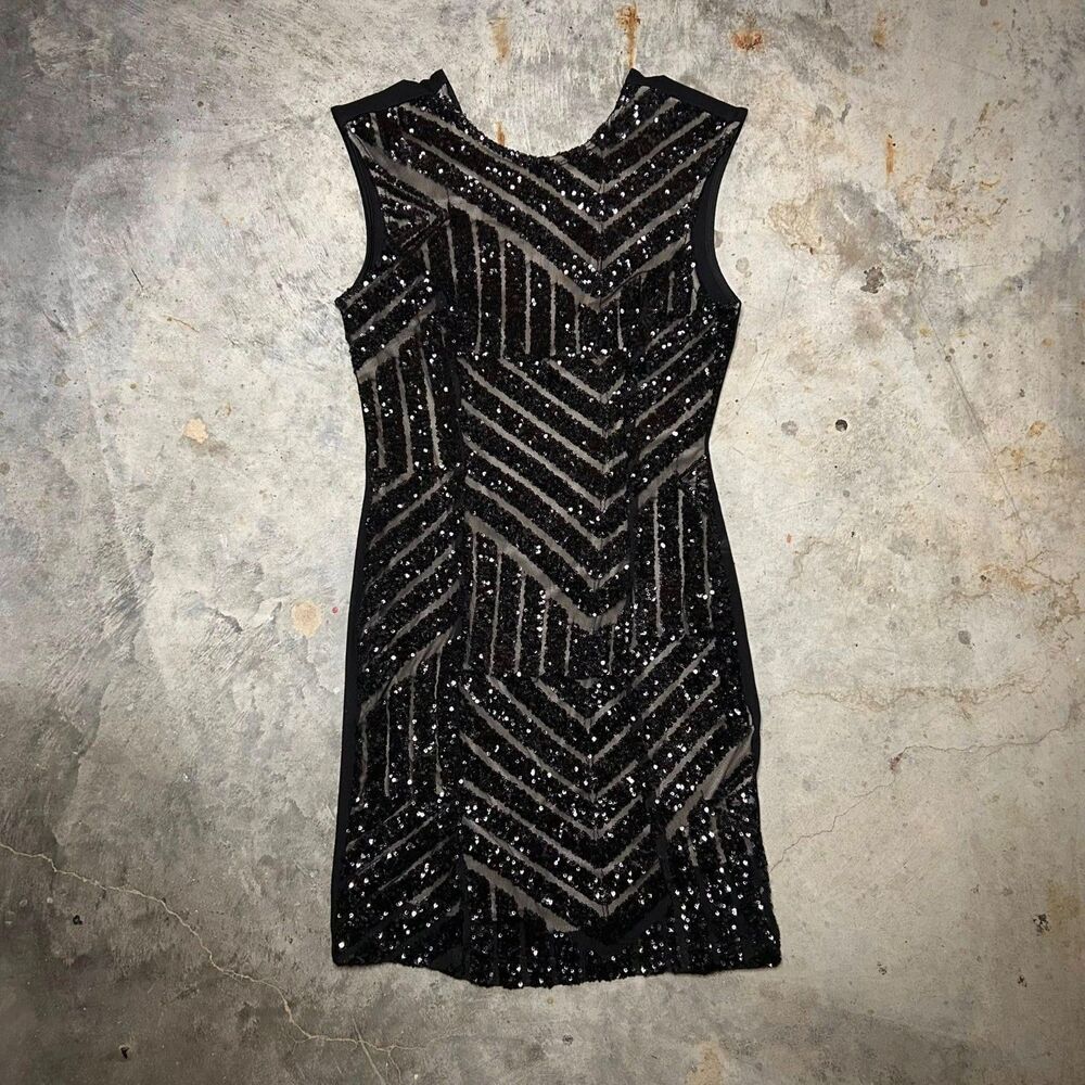 Lovely Day Black Sequin Mini Dress V Back Stretch - Picture 2 of 6